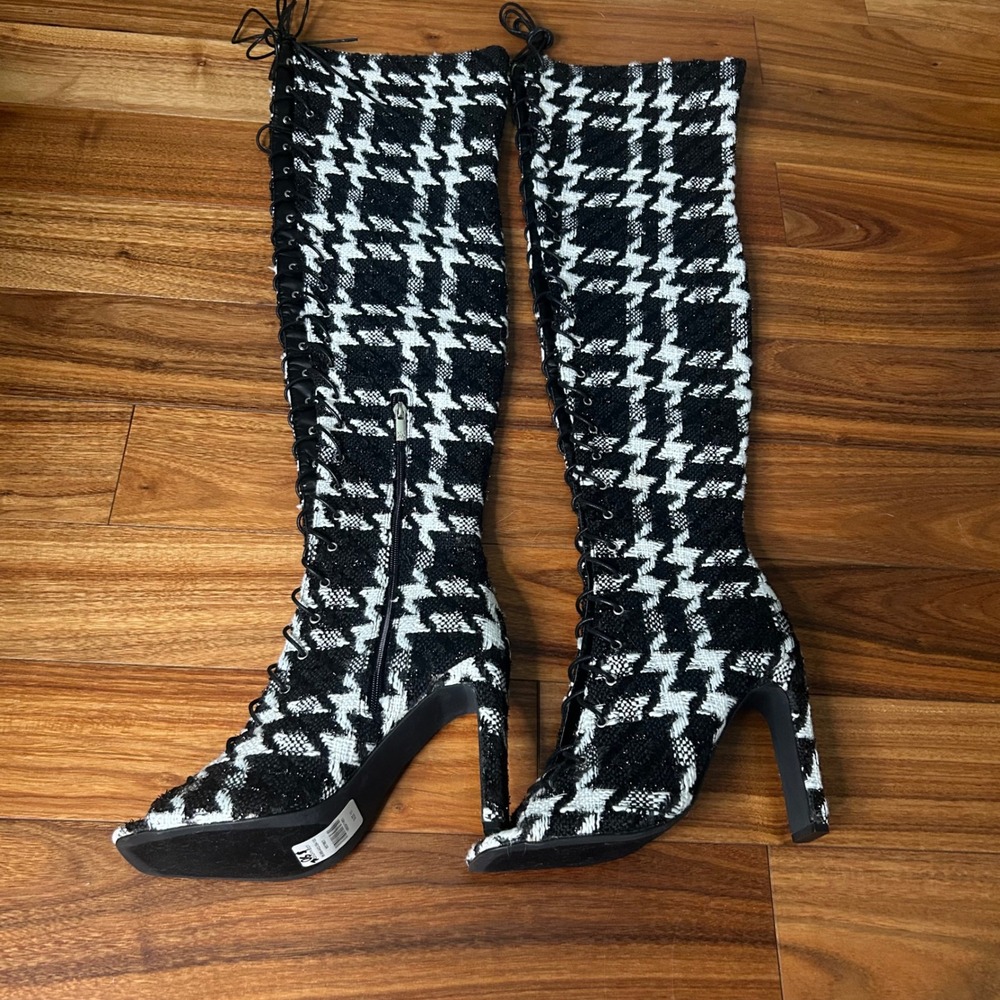 NY&C zendaya Houndstooth Over the Knee Boots Lace Up Heel Textile Size 10